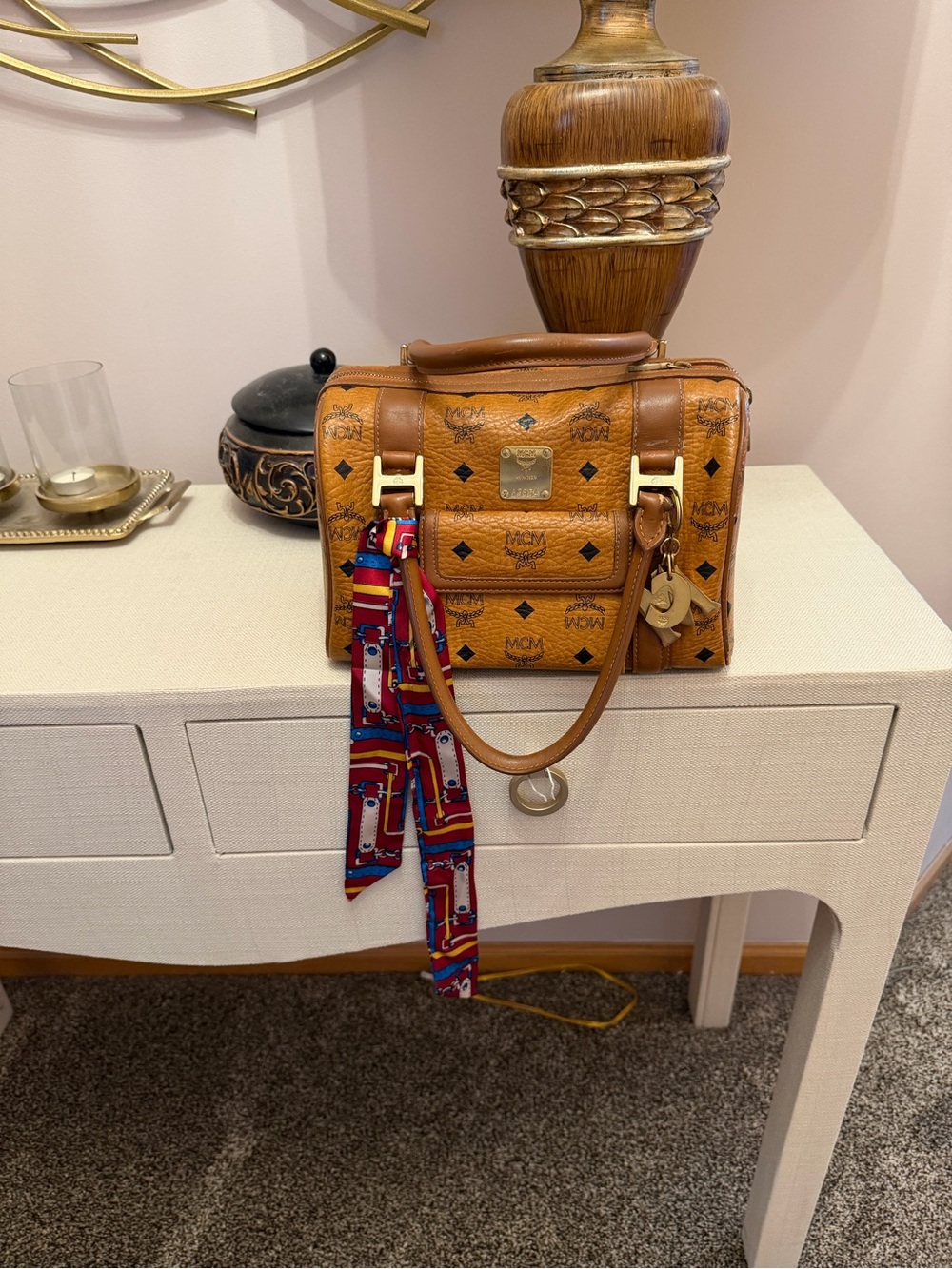 MCM Cognac Visetos Canvas Satchel with Multicolor Scarf